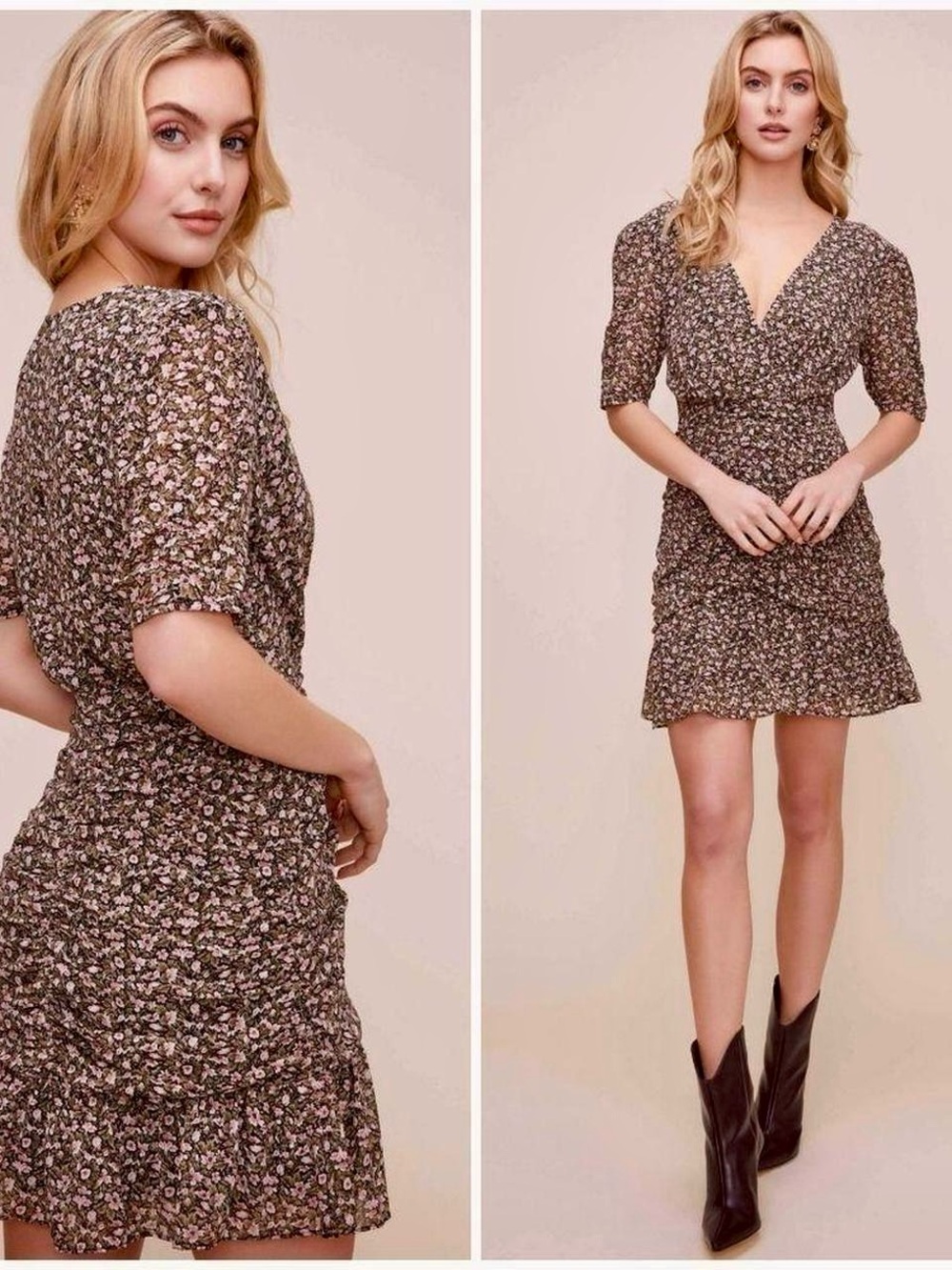 Astr the Label Floral V-Neck Ruched Mini Dress size xs NWOT